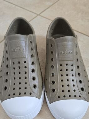 Native Olive Slip-On Sneakers with White Toe Cap